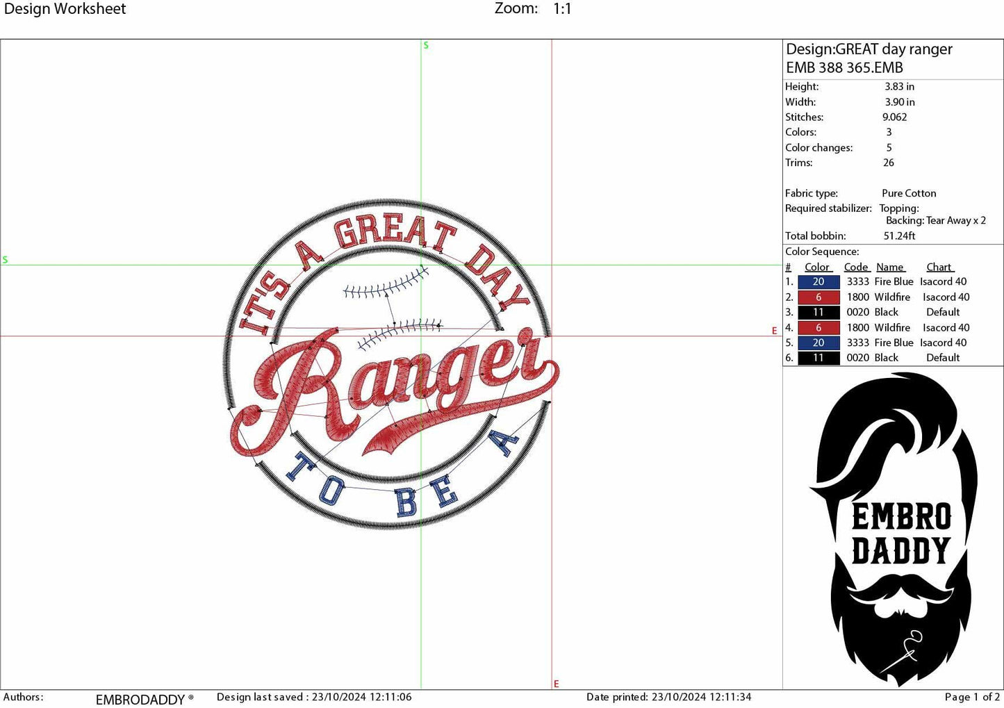 Machine Embroidery files, It's a Great Day To Be A Ranger, PES, xxx, hus & more, embroidery files