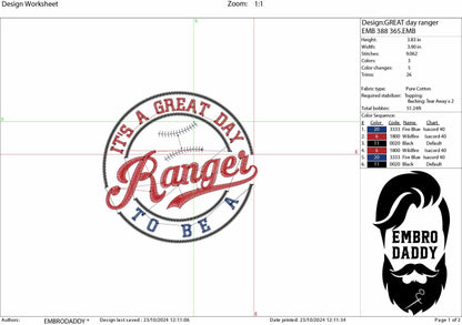 Machine Embroidery files, It's a Great Day To Be A Ranger, PES, xxx, hus & more, embroidery files