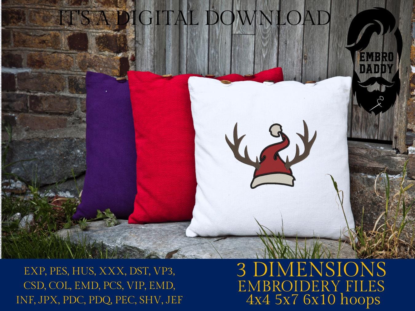 Machine Embroidery files, Santa hat, antlers, PES, DST, xxx, hus and more