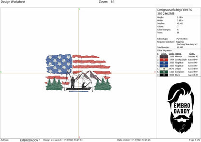 Machine Embroidery files, Crappie fish USA flag, American Flag, PES, DST, xxx, hus & more