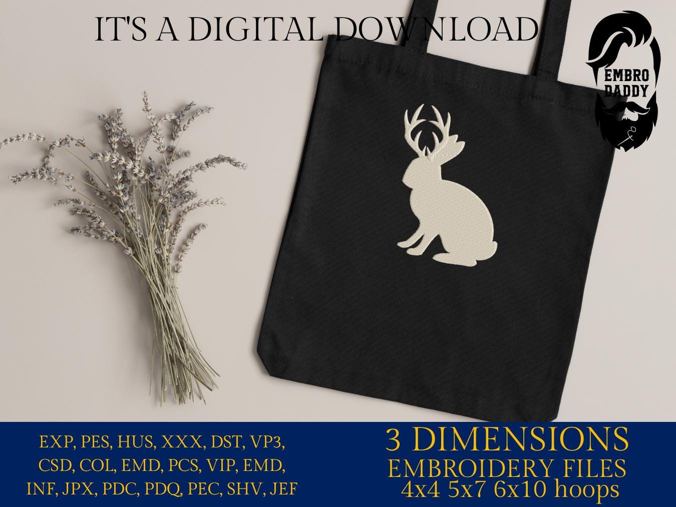 Machine Embroidery files, Jackalope File, Funny, Rabbit Design, Bunny, PES, xxx, hus & more