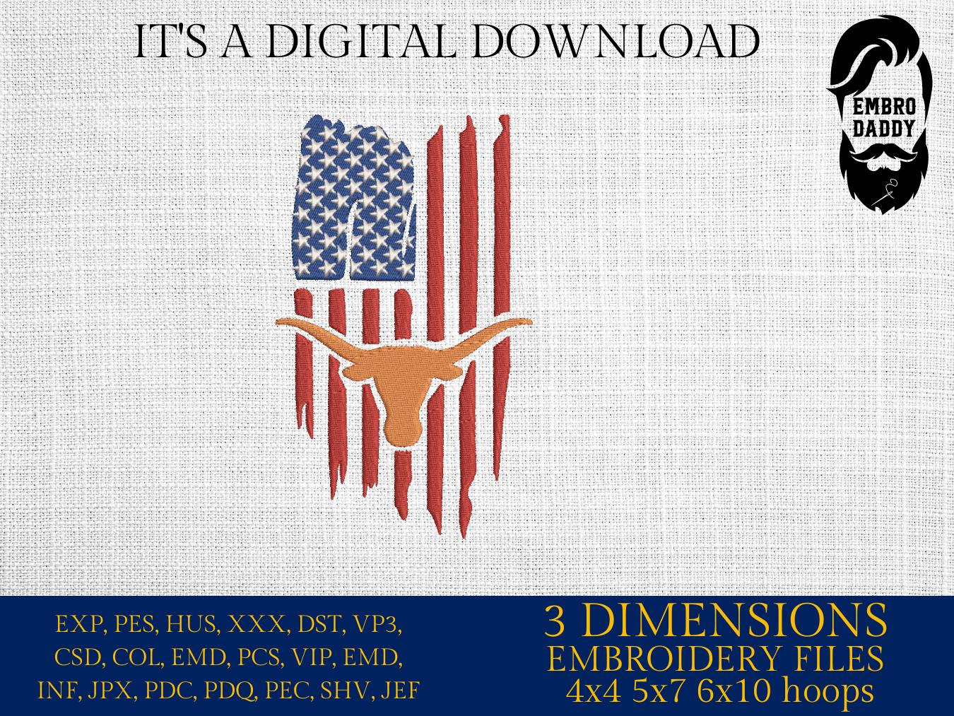 Machine Embroidery files, Longorn, Usa Flag PES, DST, xxx, hus & more