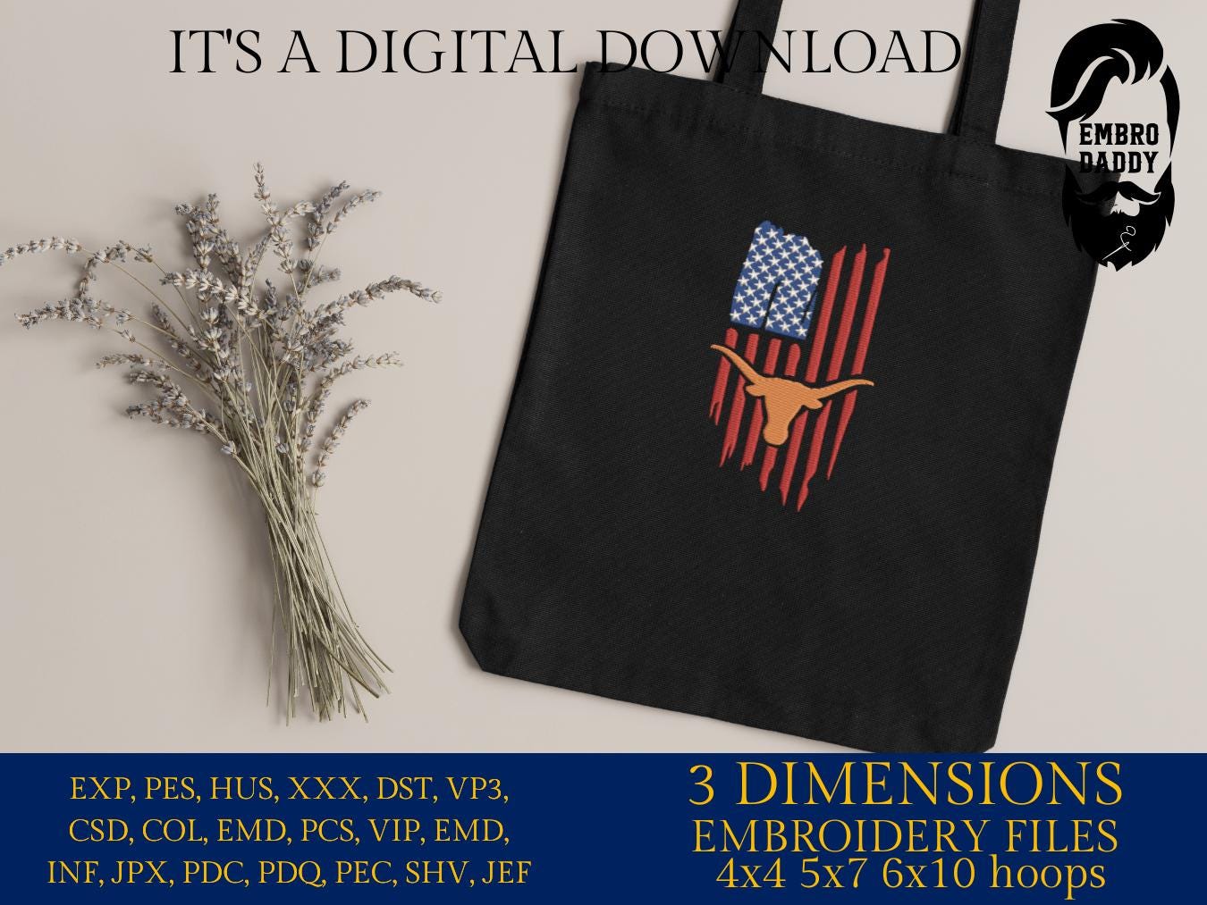 Machine Embroidery files, Longorn, Usa Flag PES, DST, xxx, hus & more