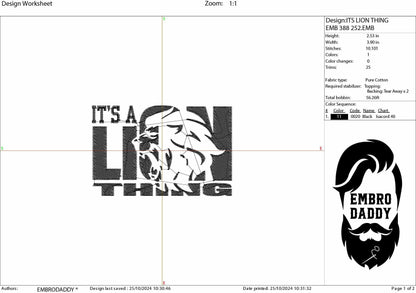 Machine Embroidery files, it's a lion thing, football gift idea PES, dst, xxx, hus & more