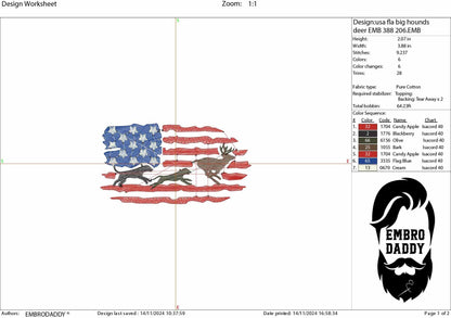 Machine Embroidery files, Hounds hunting deer USA Flag, PES, DST, xxx, hus & more