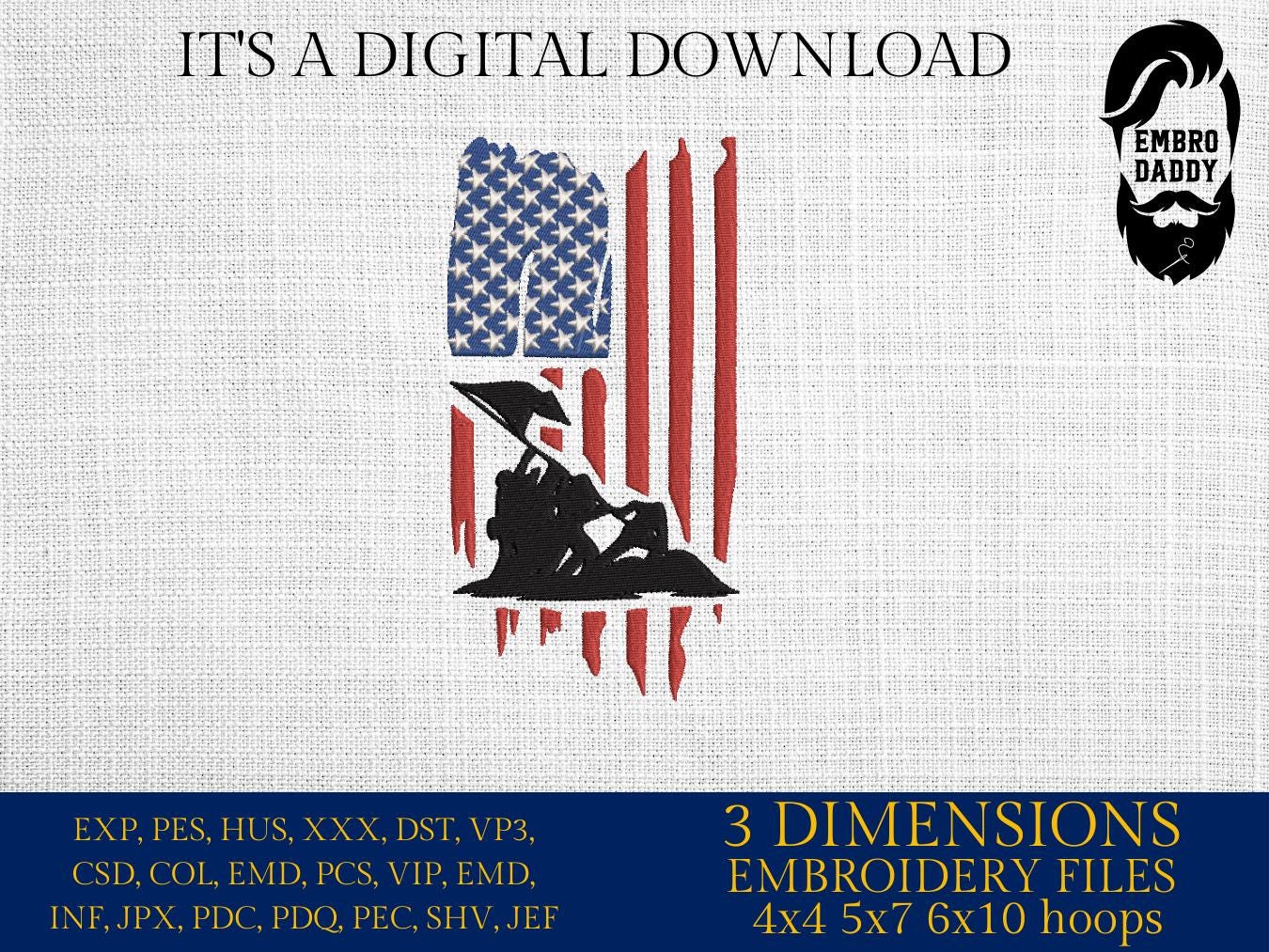 Machine Embroidery files, USA flag, Veterans, American Flag, PES, dst, xxx, hus & more