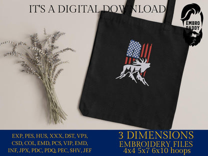 Machine Embroidery files, Usa flag BUCK DEER embroidery files, hunter Gift Idea, nature Design landscape, PES, dst, xxx, hus & more