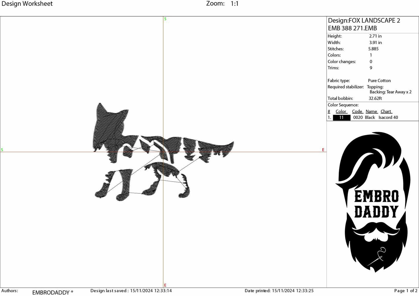 Machine Embroidery files, Fox mountains landscape, PES, dst, xxx, hus & more