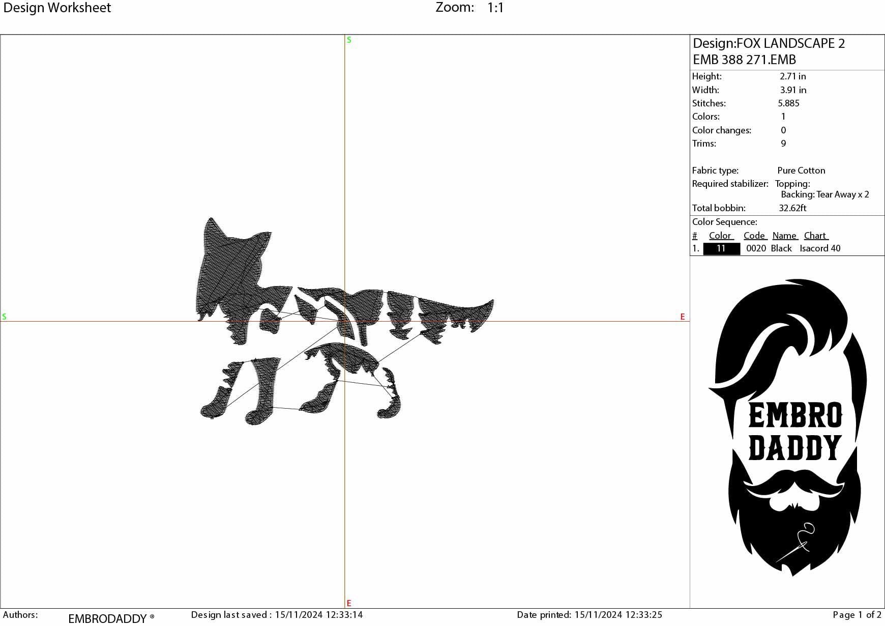 Machine Embroidery files, Fox mountains landscape, PES, dst, xxx, hus & more