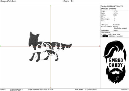 Machine Embroidery files, Fox mountains landscape, PES, dst, xxx, hus & more