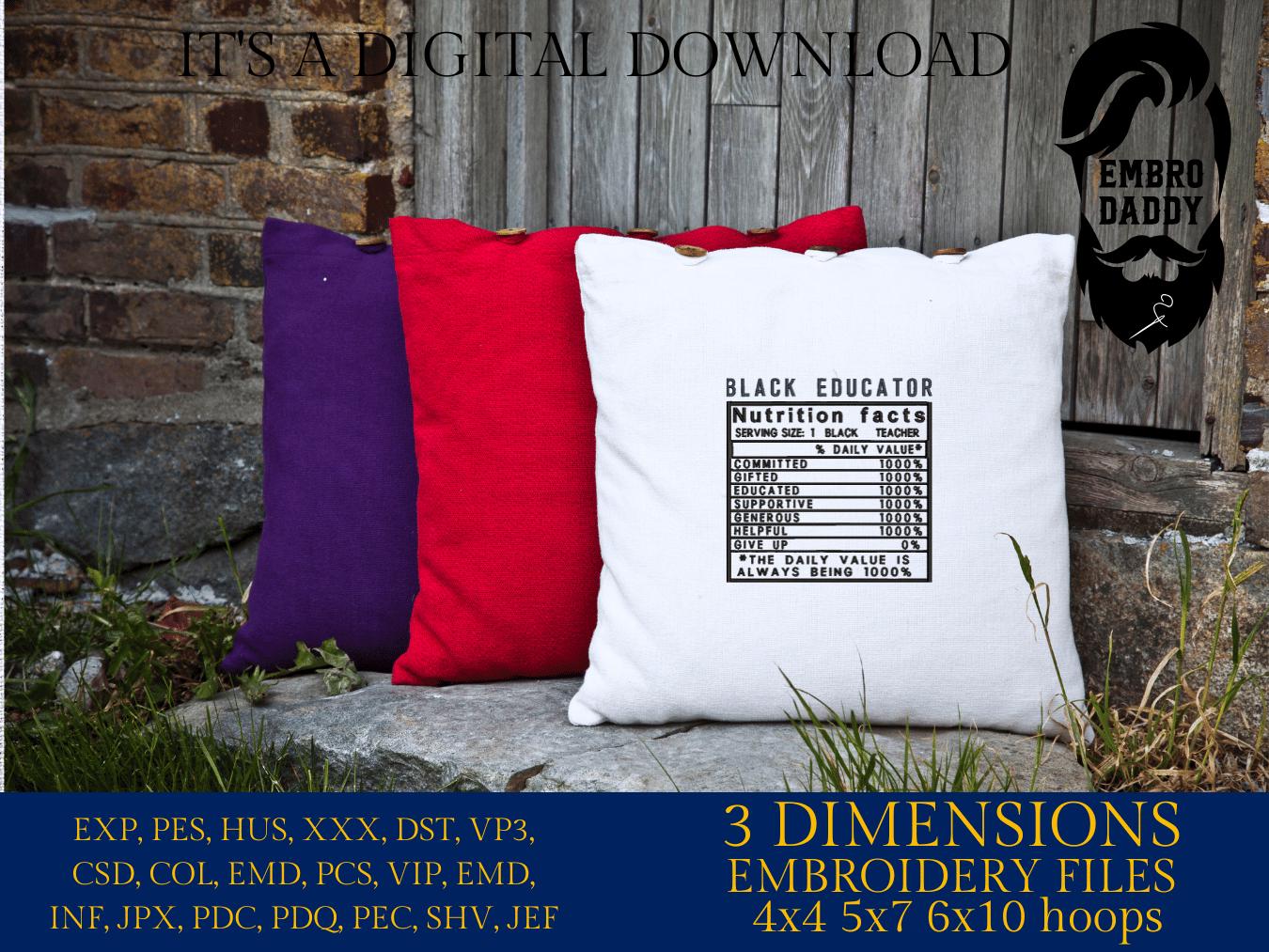 Machine Embroidery files, Black Educator facts, PES, dst xxx, hus & more