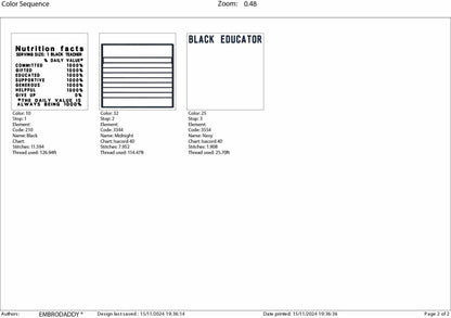 Machine Embroidery files, Black Educator facts, PES, dst xxx, hus & more