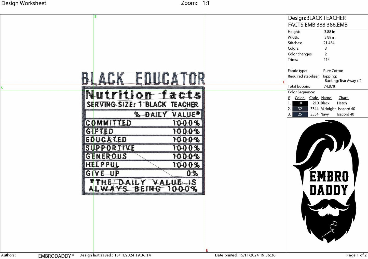 Machine Embroidery files, Black Educator facts, PES, dst xxx, hus & more