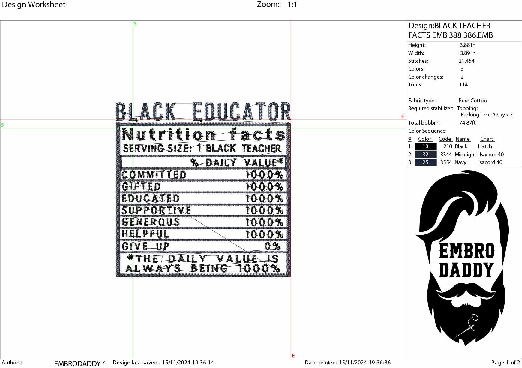 Machine Embroidery files, Black Educator facts, PES, dst xxx, hus & more