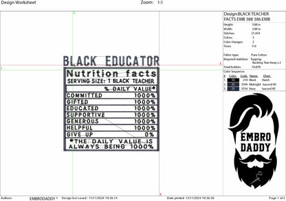 Machine Embroidery files, Black Educator facts, PES, dst xxx, hus & more