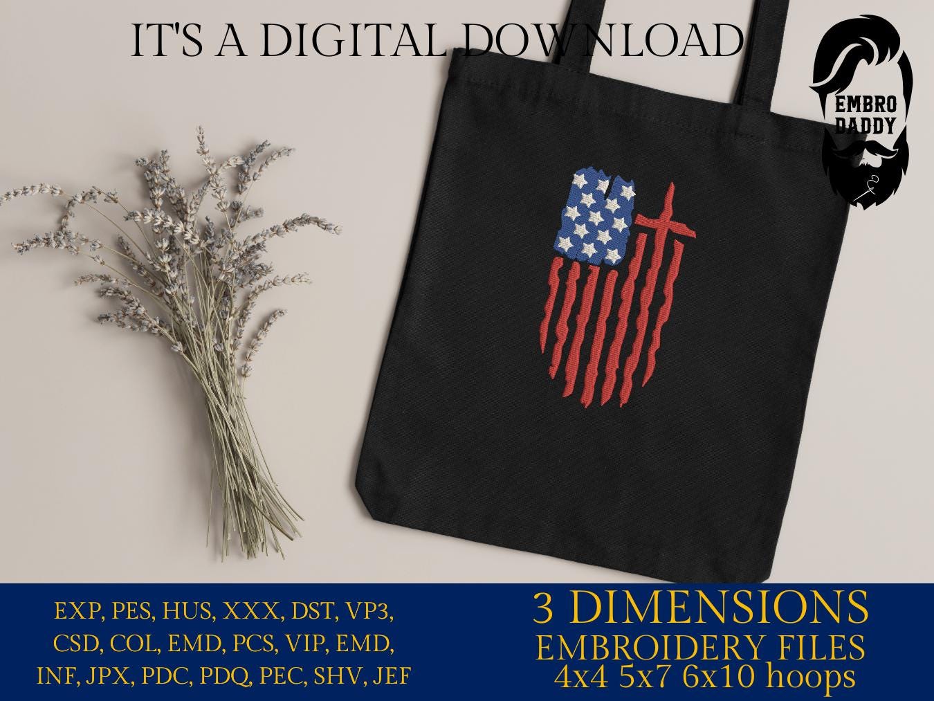 Machine Embroidery files, USA flag Cross, PES, xxx, hus & more