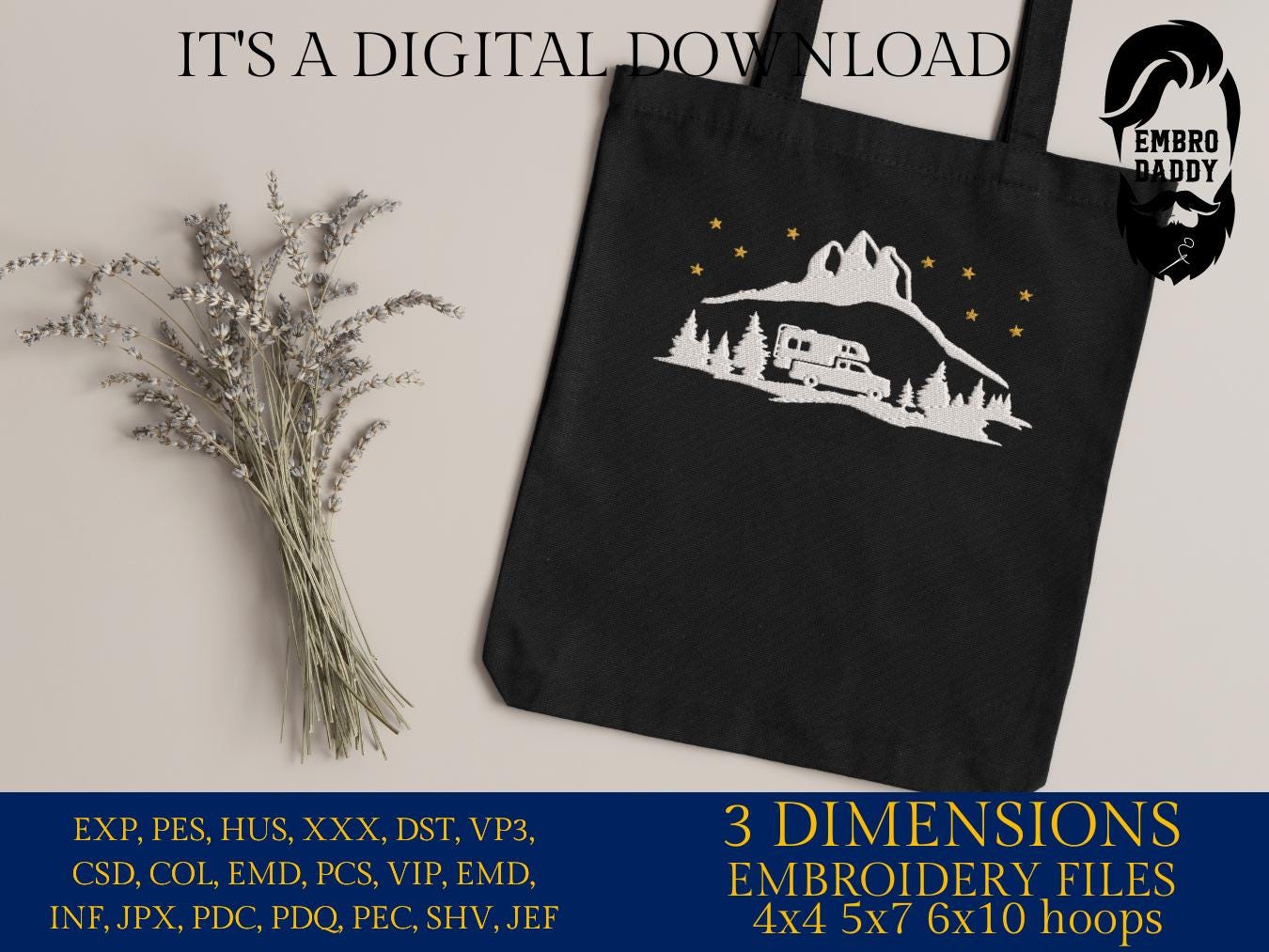 Machine Embroidery files, Pickup Truck Camper, Mountain Forest, Camping in the Woods Silhouette, RV, Trailer, PES, hus, dst, vp3 & more