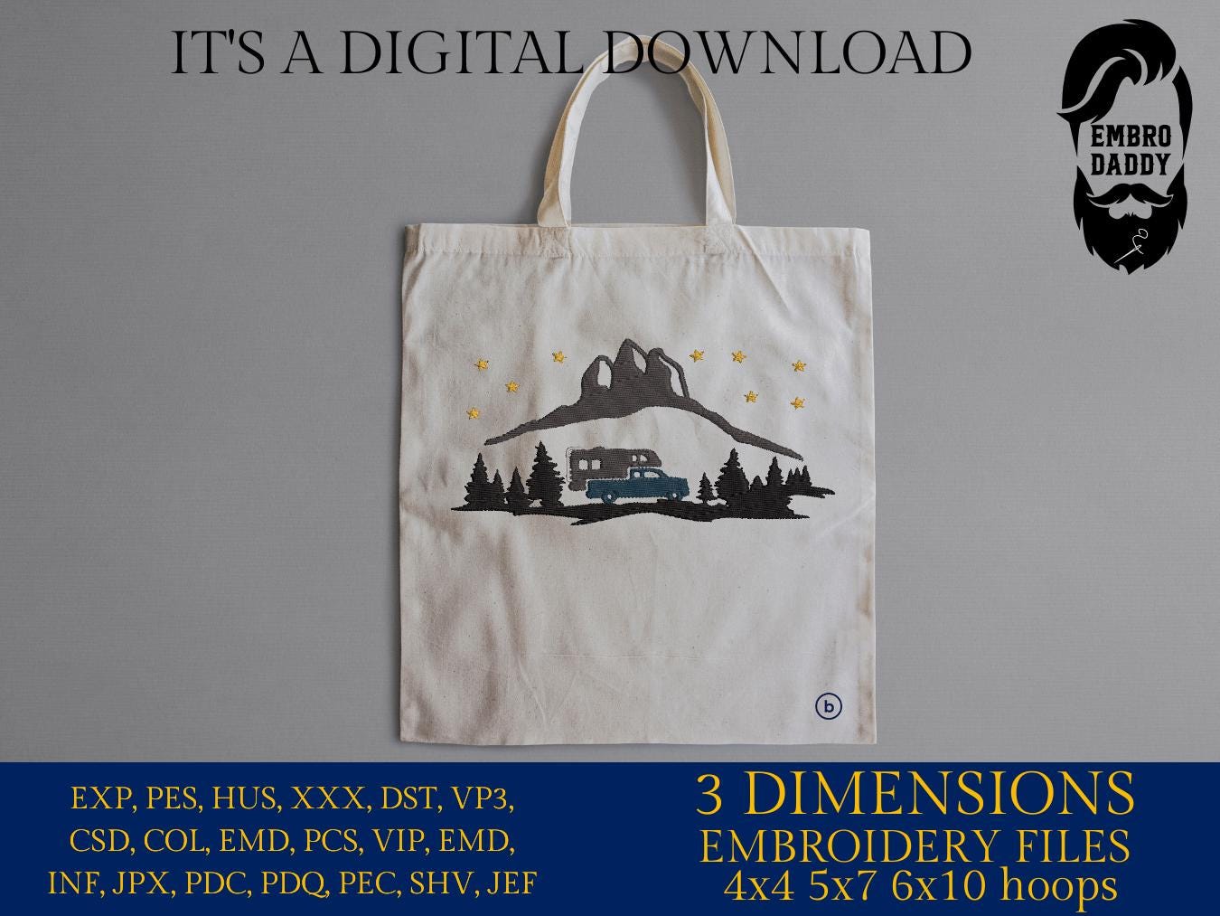 Machine Embroidery files, Pickup Truck Camper, Mountain Forest, Camping in the Woods Silhouette, RV, Trailer, PES, hus, dst, vp3 & more