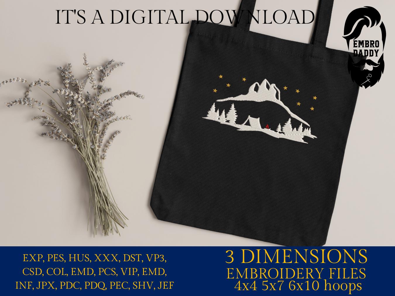 Machine Embroidery files, Tend, Mountain Forest, Camping in the Woods Silhouette, PES, hus, dst, vp3 & more