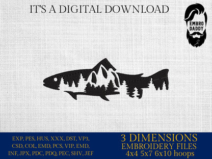 Machine Embroidery, Mountain salmon embroidery files, fisher Gift Idea, nature Design landscape, fish PES, xxx, hus & more, landscape pes