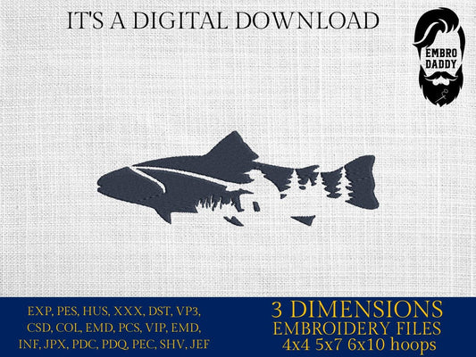 Machine Embroidery files, Mountain salmon PES, xxx, hus & more