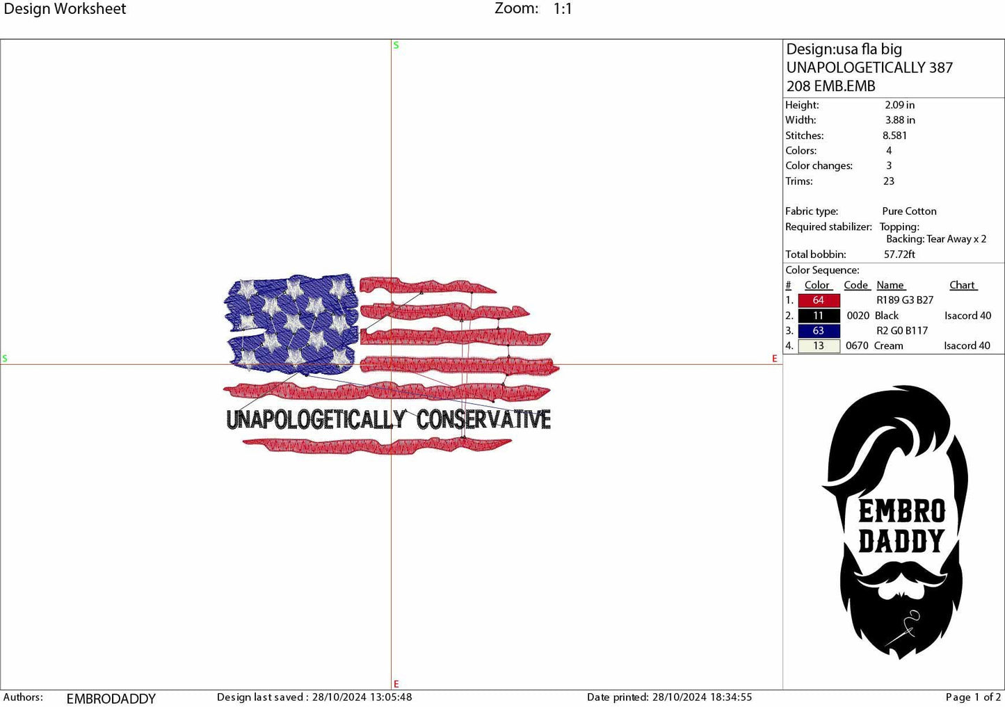 Machine Embroidery files, Unapologetic Conservative, Usa flag, PES, DST, hus & more