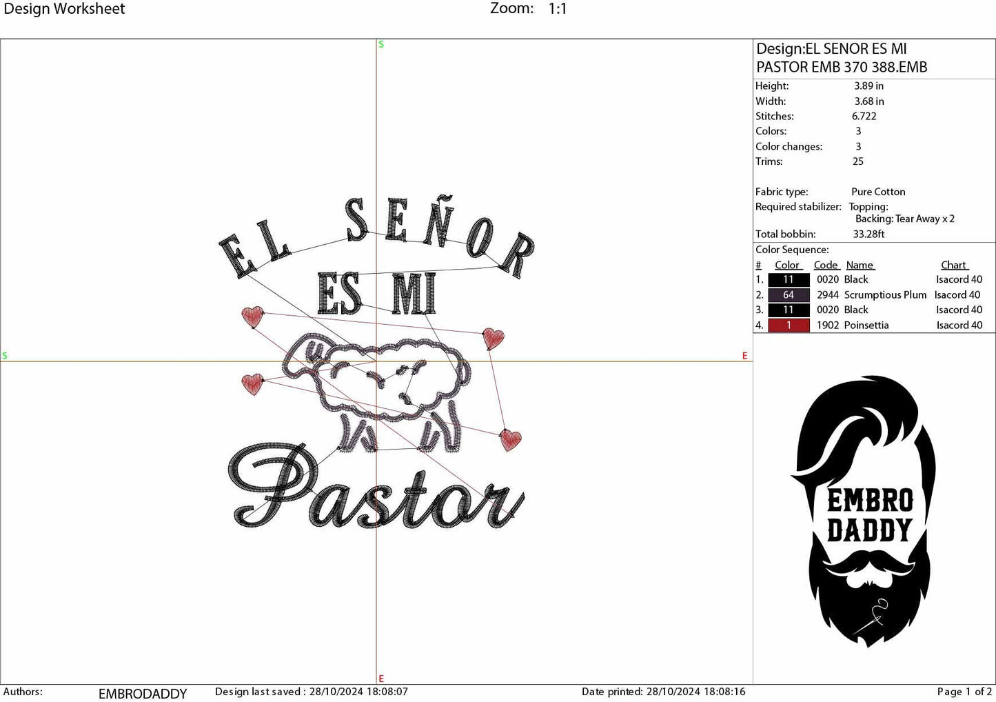 Machine Embroidery files, El Señor es mi Pastor, spanish, christian, PES, hus, dst, vp3 & more