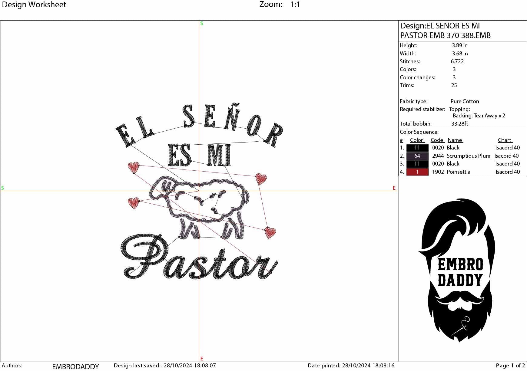 Machine Embroidery files, El Señor es mi Pastor, spanish, christian, PES, hus, dst, vp3 & more