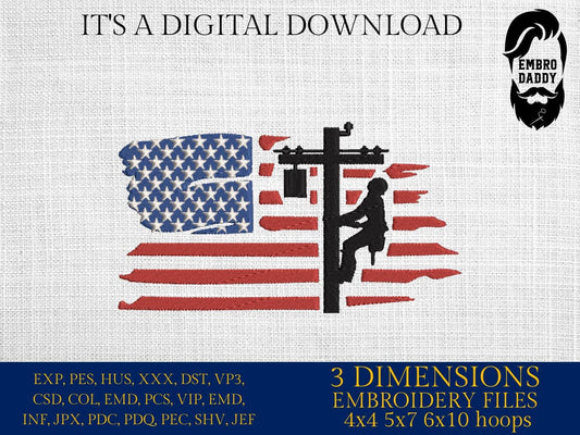 Machine Embroidery files, USA flag Lineman, PES, xxx, hus, dst & more