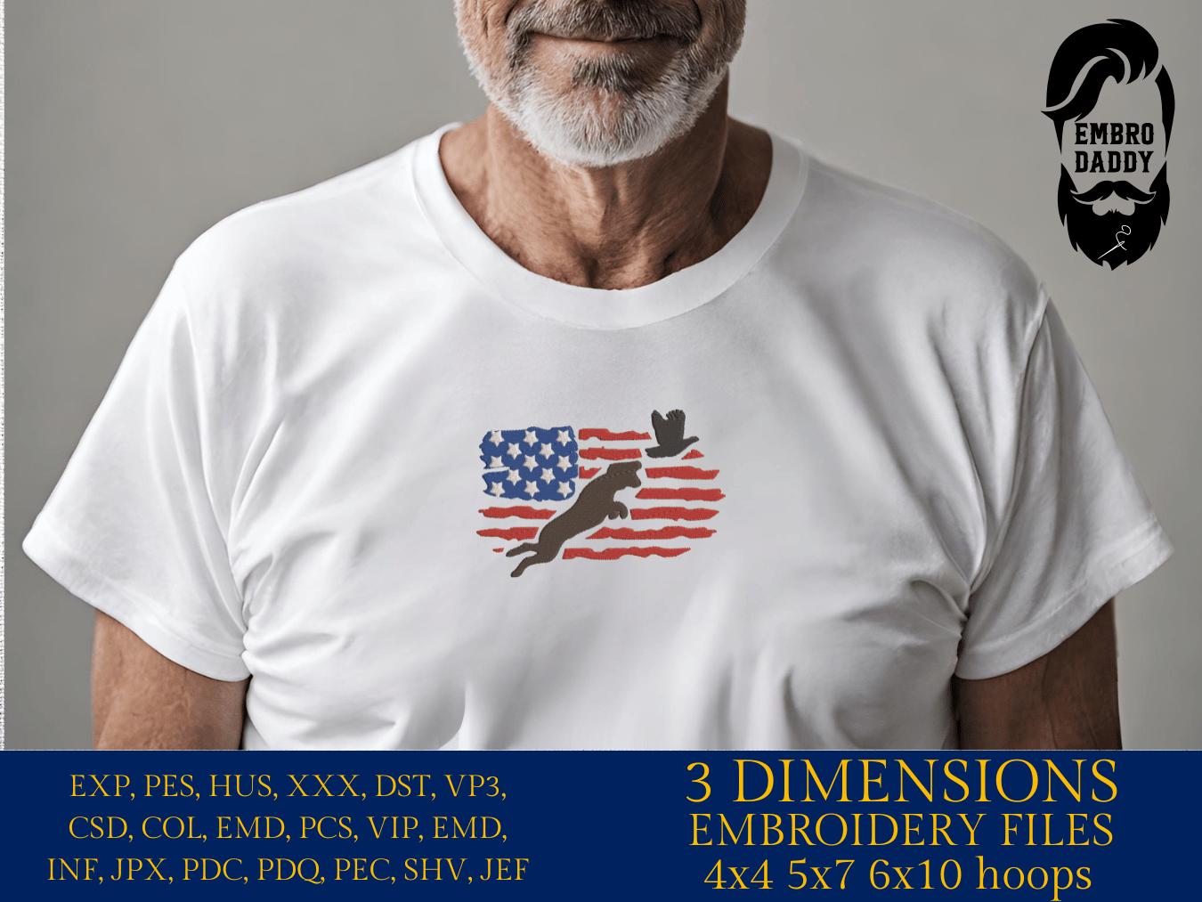 Machine Embroidery files, dog hunting, Pheasant Hunting Svg, Pheasant Svg, Pheasant flying USA Flag, PES, DST, xxx, hus & more