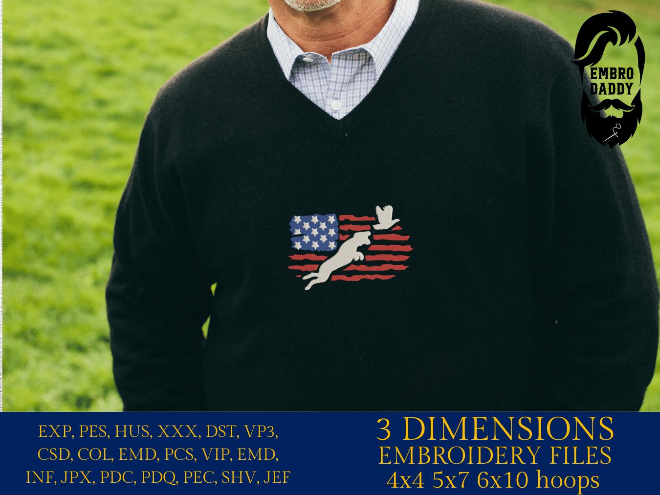 Machine Embroidery files, dog hunting, Pheasant Hunting Svg, Pheasant Svg, Pheasant flying USA Flag, PES, DST, xxx, hus & more