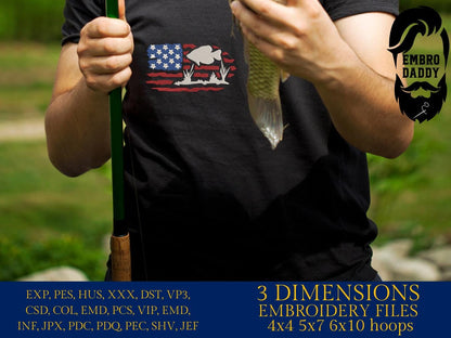 Machine Embroidery files, Crappie fish USA flag, American Flag, PES, DST, xxx, hus & more
