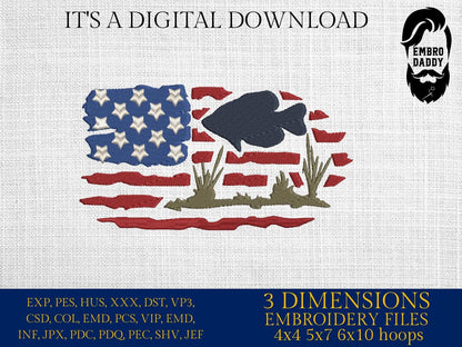 Machine Embroidery files, Crappie fish USA flag, American Flag, PES, DST, xxx, hus & more