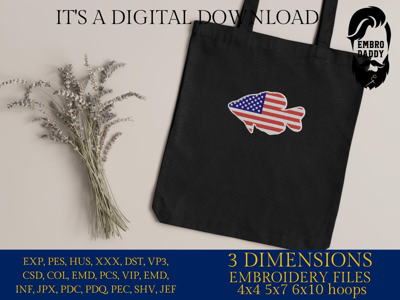 Machine Embroidery files, Crappie fish USA flag, American Flag, PES, DST, xxx, hus & more