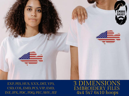 Machine Embroidery files, Crappie fish USA flag, American Flag, PES, DST, xxx, hus & more