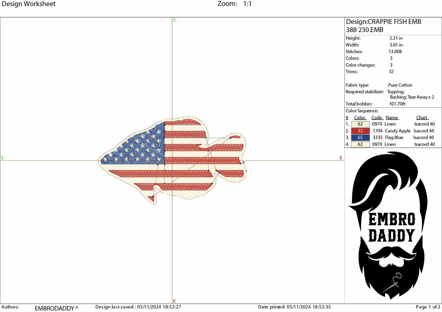 Machine Embroidery files, Crappie fish USA flag, American Flag, PES, DST, xxx, hus & more