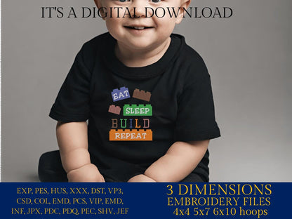 Machine Embroidery files, Eat Sleep Build Repeat, Engineer, Block Bricks, Builder, Master Builder, funny PES, dst, hus, dst, vp3 & more