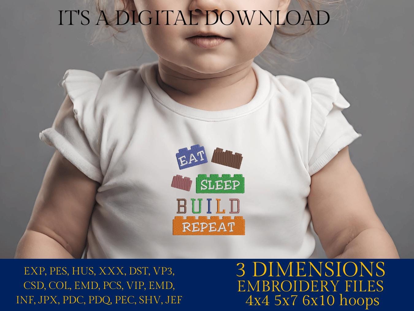 Machine Embroidery files, Eat Sleep Build Repeat, Engineer, Block Bricks, Builder, Master Builder, funny PES, dst, hus, dst, vp3 & more