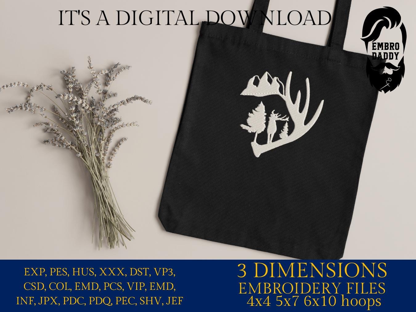 Machine Embroidery files, deer antler mountain embroidery files, hunter Gift Idea, nature Design landscape, PES, dst, xxx, hus & more
