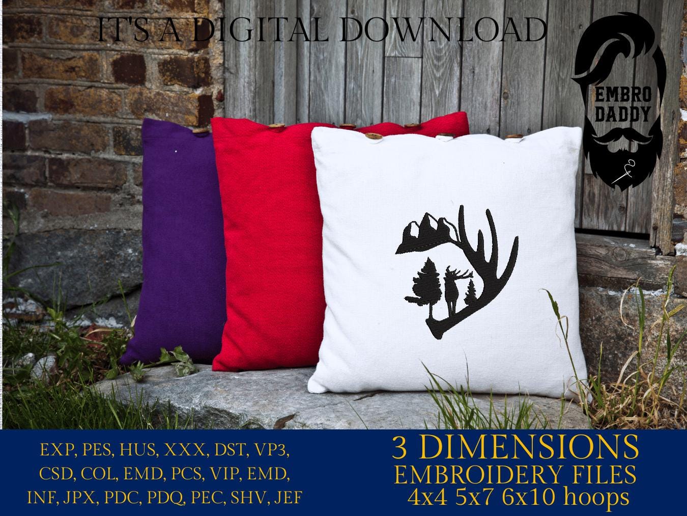 Machine Embroidery files, deer antler mountain embroidery files, hunter Gift Idea, nature Design landscape, PES, dst, xxx, hus & more