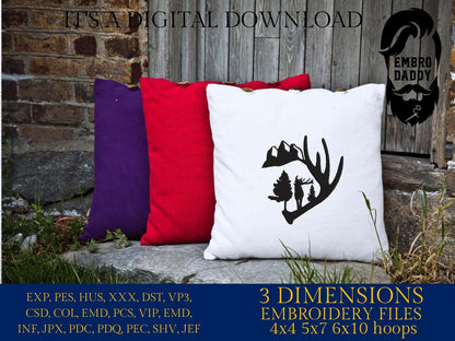 Machine Embroidery files, deer antler mountain embroidery files, hunter Gift Idea, nature Design landscape, PES, dst, xxx, hus & more