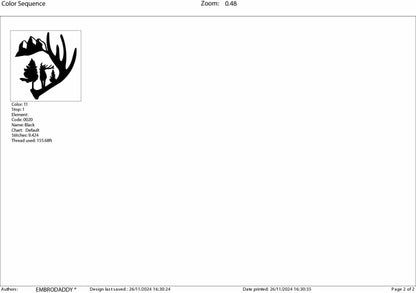 Machine Embroidery files, deer antler mountain embroidery files, hunter Gift Idea, nature Design landscape, PES, dst, xxx, hus & more