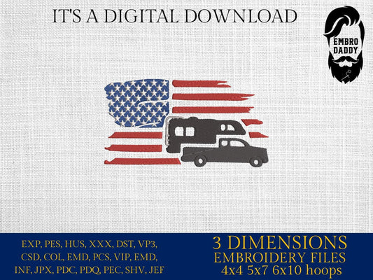 Machine Embroidery files, USA flag, Pickup Truck Camper, RV, Trailer, PES, xxx, dst, hus & more