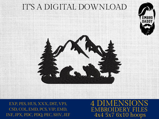 Machine Embroidery files, Bear family mountains landscape, PES, dst, xxx, hus & more
