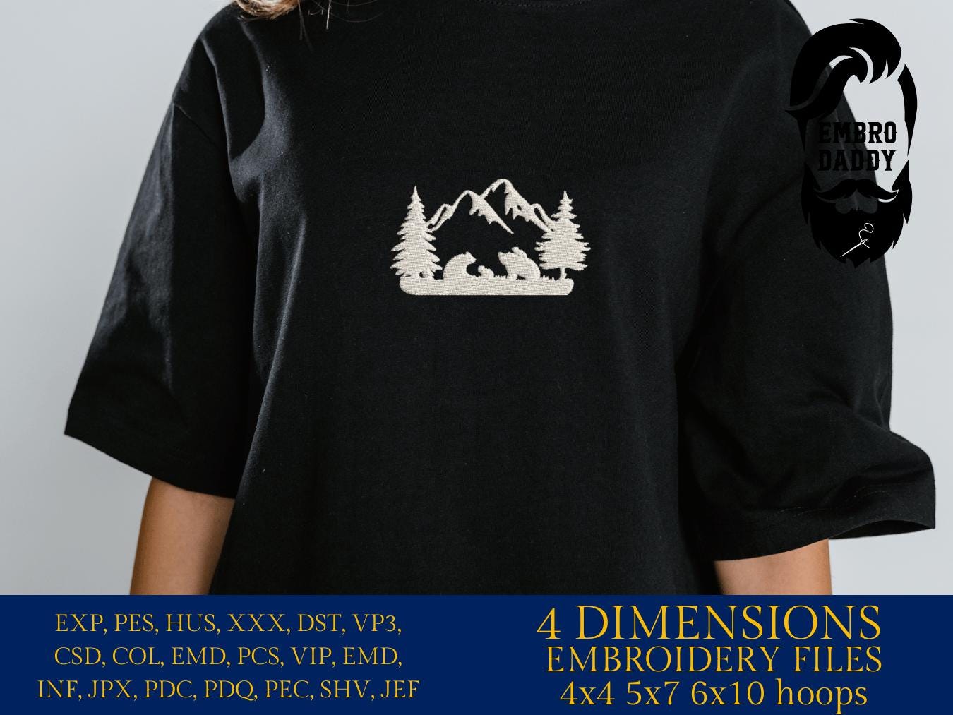 Machine Embroidery files, Bear family mountains landscape, PES, dst, xxx, hus & more