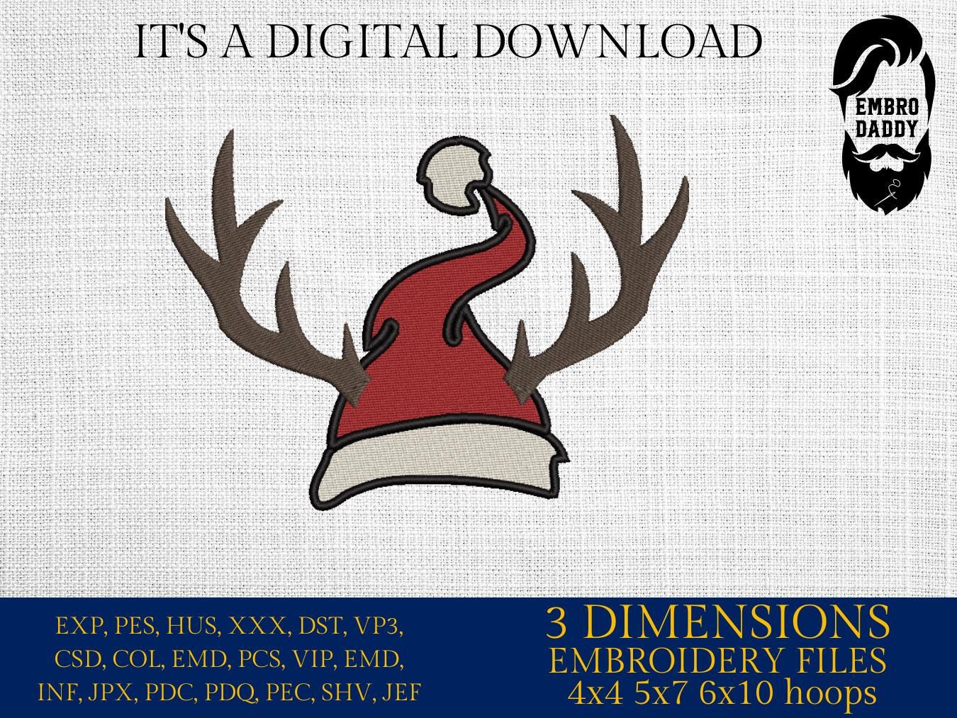 Machine Embroidery files, Santa hat, antlers, PES, DST, xxx, hus and more