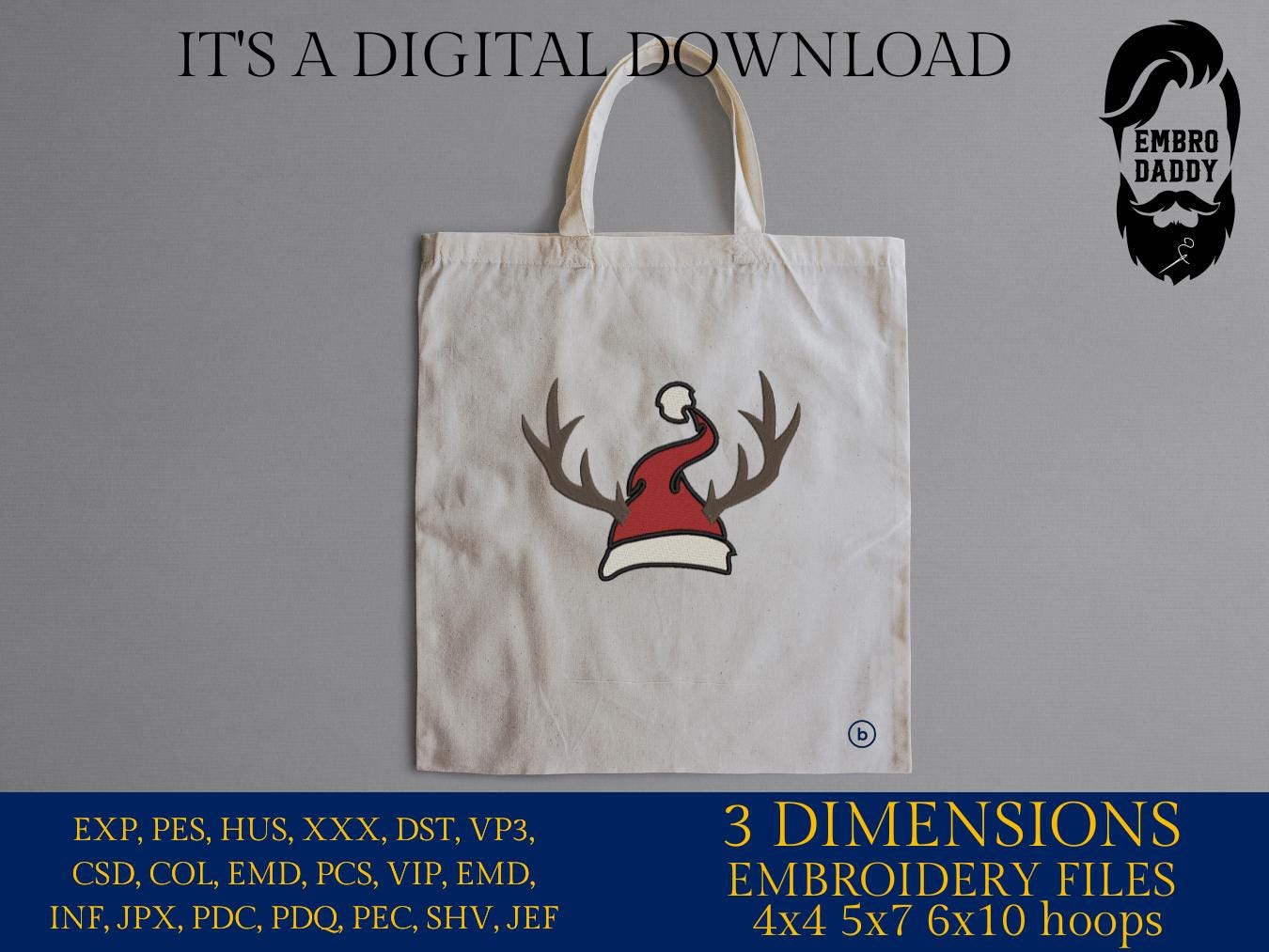 Machine Embroidery files, Santa hat, antlers, PES, DST, xxx, hus and more