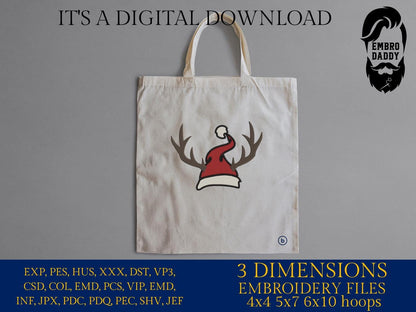 Machine Embroidery files, Santa hat, antlers, PES, DST, xxx, hus and more