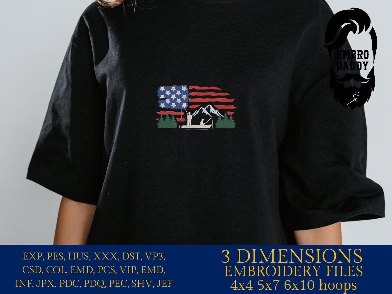 Machine Embroidery files, Crappie fish USA flag, American Flag, PES, DST, xxx, hus & more