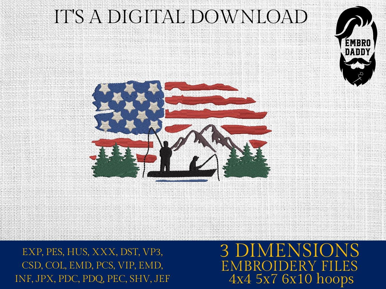 Machine Embroidery files, Crappie fish USA flag, American Flag, PES, DST, xxx, hus & more